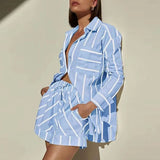 Patcute Contrasting Patchwork Long Sleeved Outfits Fashion Lapel Button Shirt + Shorts Set Spring Summer Casual Striped Print Women Suit