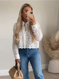 Patcute  2024 New Chic Lady Lapel Solid Hollow Out Shirt Elegant Single Breasted Long Sleeves Short Female Top Spring Lady Commuting Wear