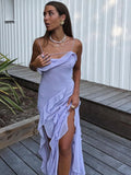 Patcute Woman Elegant Purple Ruffle Sling Dress Fashion Solid Backless Slip Long Dresses Summer Sexy Female Party Evening Dresses