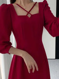 Patcute  Korean Fashion Women Vintage Casual A-Line Party Dress Elegant and Chic Solid Birthday One Pieces Vestidos Red Prom Female Robe