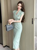 Patcute New Elegant OL Formal Dress Women Quality Professional Folds Skinny High Waist Long Robe Party Vestidos Banquet Business Clothes