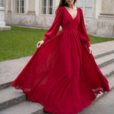 Patcute Elegant Long Sleeve Chiffon Party Dress Fall Fashion Pleated Robe Dress Red Women's Sexy Deep V High Waist Evening Dress Vestido