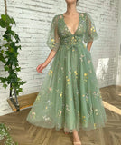 Patcute  Romantic Vintage Green Prom Dress Princess Puff Long Sleeve Floral Embroidery Women Evening Dress Cocktail Girls Birthday Outfit