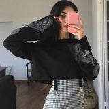 Patcute  Gothic Punk Cool Girl Dragon Pattern T Shirts Long Sleeve Suspenders Crew Neck Black Crop Top Autumn Pullover Women T-Shirt