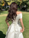 Patcute   Bow Slash Neck Sexy Dress Summer Women White Fairy Elegant A-Line Midi Dresses Female Party Prom Clothes Vestdios