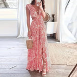 Patcute Elegant Lotus Edge Waist Hollow Dress 2024 Spring Fashion Lady Evening Ruffles Slit Party Dress Sexy V Backless Women Long Dress