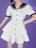 Patcute White Short Dresses Women Summer Backless Pleated Dress Female Japanese Sweet Sailor Collar Dress Ladies Preppy Style Vestidos