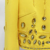 Patcute   Fashion Runway Yellow Bead Diamond 2pcs Set Women Coat Tops Back Zipper And Mini Short Skirts Suits