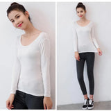 Patcute  Supper Soft Modal Scoop Neck T Shirt Long Sleeve Elastic Women Thin Slim Fit Casual Sport Yoga Tees Sexy Bottoming Spring Tops