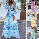 Patcute  Sexy Floral Print Dress Women V Neck Side Slit Elegant Long Dress Spring Loose Elegant Boho Holiday Beach Dress Vestidos Y2K