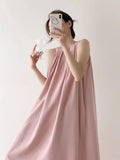 Patcute Pink French Vest Dress For Women's Summer Acetic Acid Imitation Linen Pleated Vacation Style Suspender Long Skirt