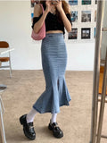 DEEPTOWN Denim Slit Long Skirt Women Korean Fashion Vintage High Waist Bodycon Ruffles Mermaid Midi Skirt Elegant Chic Summer