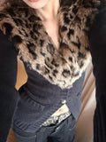 Patcute 2024 Autumn Vintage Leopard Patchwork Tops Women Japanese Gyaru V-neck Long Sleeve Sweater Streetwear Slim Sexy Y2k Cardigan New