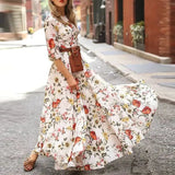 Patcute  Spring Summer Vintage Flower Floral Print Maxi Dress Office Lady Fashion Elegant Long Sleeve O-neck Dresses For Women