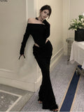 Patcute Women Sexy Hollow Out Black Long Dress Spring Autumn Fashion Bodycon Party Prom Runway Robe Female Y2k Streetwear Mujers Clothes