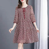 Patcute Summer Office Lady Floral Chiffon O-neck Short Sleeve Elegant Dress Ladies Fashion Lacing Pullover Thin Midi Dress Women Clothes