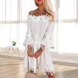 Patcute  Hollow Out Flower Applique Star Summer Dress Lace Off Shoulder Trumpet Sleeve Solid Color Women Midi Dress