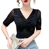 Patcute Short-sleeved Women Mesh T-shirt Summer Shiny bottoming top Casual Bright Silk Pleated Black Shirt blusa feminina