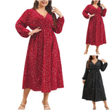 Patcute Women Long Sleeve Dress V Neck Fold Polka Dot Print Dress Waist Chiffon Long Dress Fashion Casual Autumn Plus Size Dress