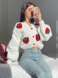 Patcute Y2k Strawberry Embroidery Cropped Sweater For Women Knit Cardigan Female Autumn Long Sleeve Loose Flower Sweater 2024 New