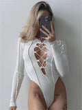 Patcute Hollow Out Lace-Up For Women Jumpsuit Knit Bodysuit Patchwork Bandage Vintage Sexy Long Sleeve Female High Waist Rompers