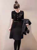 Patcute  Buttons O-neck Knitted Elegant Women's Dress Office Ladies Fashion Dress Summer A-line Short Sleeve Black Dress Clothing