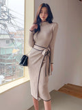 Patcute 2024 New Autumn Winter Korean Style Temperament Knitted Dress Ladies Slim Waist Lace-Up Knit Mid-Length Sweater Dress Vestidos