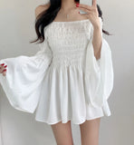 Patcute Sexy Slash Neck Chiffon White Mini Dress Women Spring Summer Strapless Flare Sleeve Short Dress 2 Colors