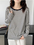 Patcute  Autumn T-Shirt Woman Korea Loose Cotton T Shirt Women Casual Top Tee Green Black Striped Long Sleeve Tshirt Basic Winter