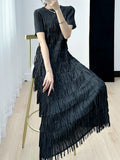 Patcute  YUDX  Early Autumn New Miyake High-end Fringe Stitching Summer Long Pleated Temperament Ageing Short-sleeved Women's Dresses