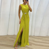 Patcute Women Sleeveless Fashion Maxi Dress Female O-Neck Slim Evening Dress Vestido New Skinny Stitching Pleated Slit Casual Dress