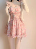 Patcute  Sweet New Pink Sexy Dress Sweet Fresh Style Fragmented Flowers Print Waist Wrapped Slim Student Summer Short Lovely 7DSB