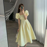 Patcute  Women Vintage Dress Robe Femme Summer Puff Sleeve Square-Neck Elegant Party Casual Office Midi Dress