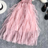 Patcute  Summer Sleeveless Sling Gauze Tulle Dress Women knit V-neck Sexy Backless Long Dresses Sweet Mesh Pink Party Dress Vestidos