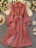 Patcute Spring Autumn Women Vintage Maxi Party Dress Long Sleeve Orange Polka Dot Pleated Evening Black Vestidos Femme Fashion Robe New