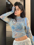 Patcute   Stand-up Collar Long-sleeved Tie-dye Thin Mesh Top Women 2024 Early spring Y2k Fashion Slim Streetwear Tops Blouses