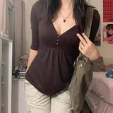 Patcute Elegant Lady Casual T-shirt Vintage Brown Button V Neck Slim Pullovers Tees Y2K Aesthetic Grunge Top Women Holiday Clothes