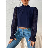 Patcute  Elegant Women's Shirt Office Lady Blouse Autumn Half High Collar Panel Wave Chiffon Long Sleeve Top Women's Shirt S-XXL