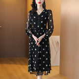 Patcute Black Silk Long Sleeve O-Dot Printed Bubble Sleeve Dress for Women's Spring/Summer New French Sweet Waist Silk Long Skirt