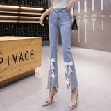 Patcute  Vintage  Summer Mom Jeans Bead Diamond Chain Bow Jeans Women's Elastic High Waist Flare Jeans Pants Women