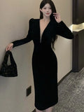 Patcute Sexy Deep V-neck Black Velvet  Dress Women Autumn Winter Vintage Solid Long Sleeve Prom Vestidos Evening Party Robe Female New