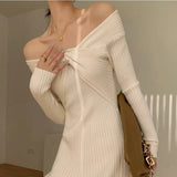 Patcute  Off Shoulder Knitted Dress For Women'S Autumn And Winter High-End Design, Unique Slim Fitting Temperament Dress