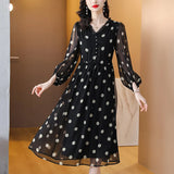 Patcute Black Silk Long Sleeve O-Dot Printed Bubble Sleeve Dress for Women's Spring/Summer New French Sweet Waist Silk Long Skirt