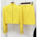 Patcute   Fashion Runway Yellow Bead Diamond 2pcs Set Women Coat Tops Back Zipper And Mini Short Skirts Suits