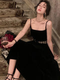 Patcute Elegant Sleeveless Dress Women Evening Party Prom Sexy Spaghetti Strap Midi Black Velvet Dresses New Fashion Chic Clothing