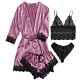 Patcute  Women' Silk Satin Pajamas Set 4pcs Lingerie Floral Lace Sleepwear With Robe Nightgown Long