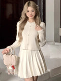 Patcute Elegant Solid Knitted 2 Piece Set Women Long Sleeve O-neck Top Pleated Mini Skirt Autumn Winter Birthday Party Kawaii Outfits