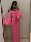 Patcute Yipeisha Saudi Arabia Sexy Long Sleeves Boat Neck Prom Dresses Straight Pleated Floor Length Formal Evening Party