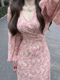 Patcute New French V-neck Cross Floral Dress Women's Spring Autumn Waist Slimming Retro Temperament Long Dress