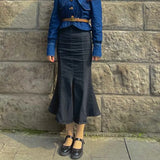 Patcute  Rimocy High Waist Mermaid Denim Skirt Women Summer Trumpet Split Long Skirts Woman Korean Style Hip-Wrap Flare Middle Skirt